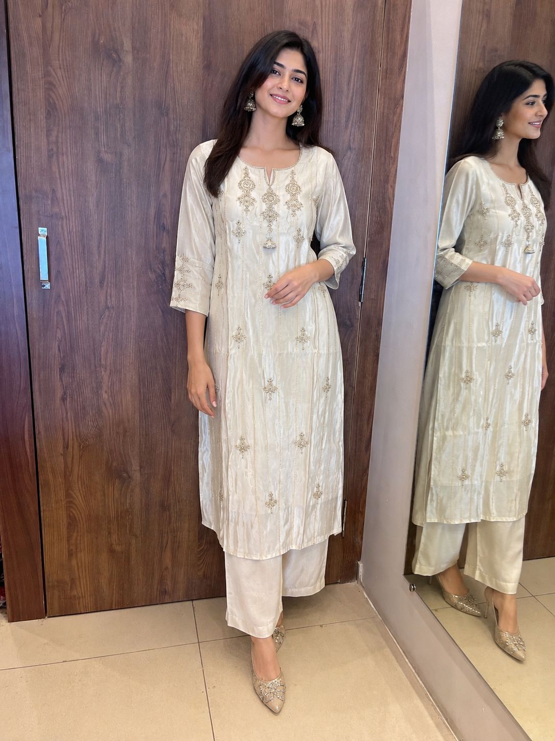 Noor Ivory Embroidered Kurti Pant with Dupatta Set