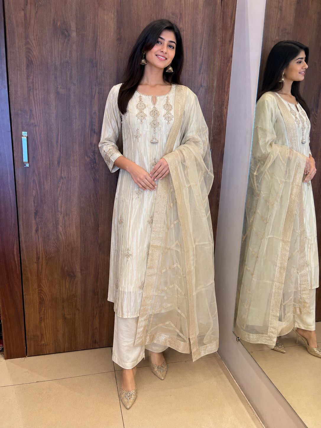 Noor Ivory Embroidered Kurti Pant with Dupatta Set