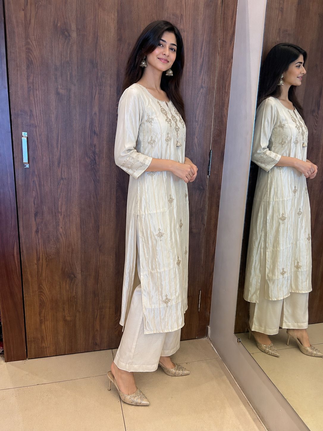 Noor Ivory Embroidered Kurti Pant with Dupatta Set